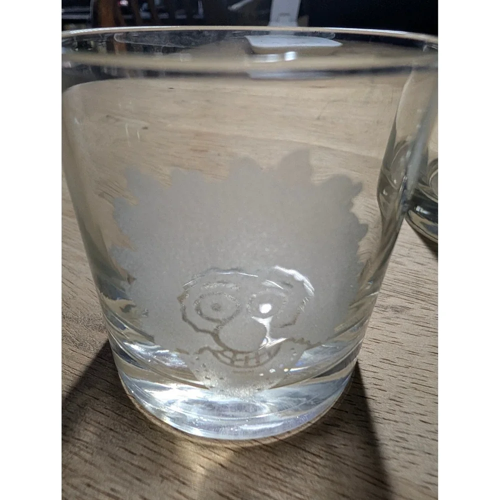 Etched Character Face Whiskey Glass Clear Lowball Tumbler Frosted Design Barware